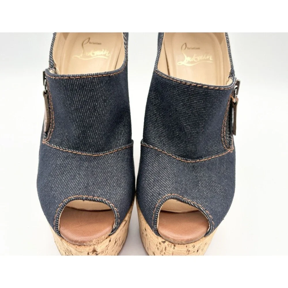 Christian Louboutin Denim Peep Toe Cork Platform Wedge Heels Size EU 36